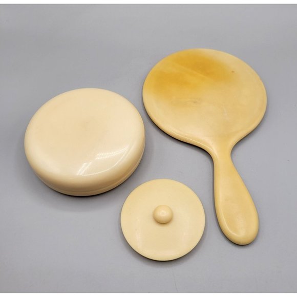 French Ivory Celluloid Beveled Hand Mirror and Powder Jar Vanity Dresser Set - Picture 3 of 6